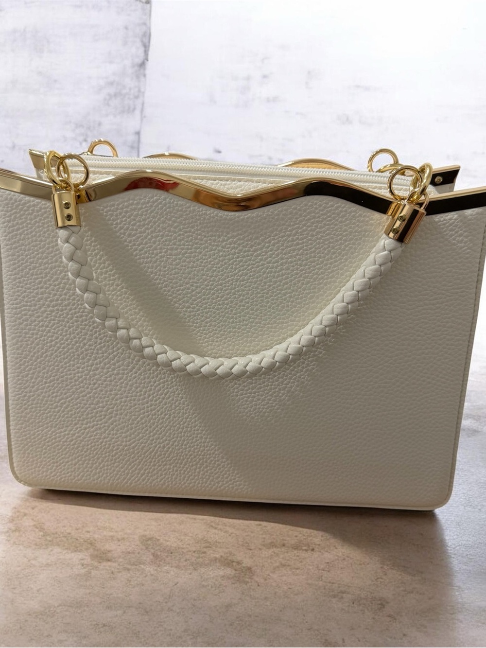 Structured White Satchel with Braided Top Handle and Gold Trim
